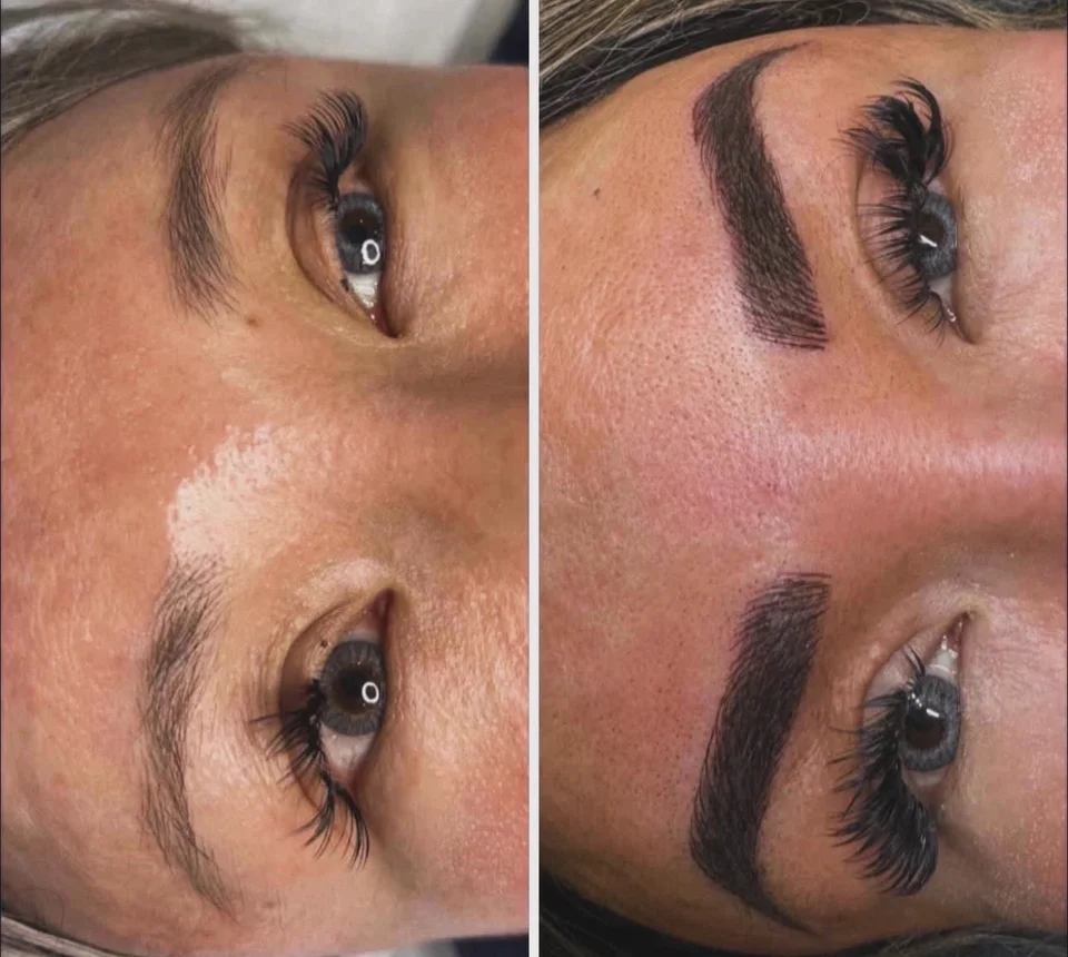 Side-by-side photos showing a lighter brow appearance on the left and more defined brow work on the right.