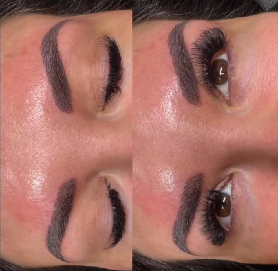 Two-panel collage showing brow work with eyes closed in one view and open in the other.